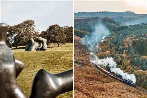 Фотографии из Йоркширского района Великобритании, в том числе работы Генри Мура в Йоркширском парке скульптур и знаменитый поезд с паровым двигателем.