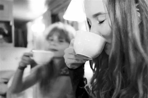 Черно-белое фото двух детей, наслаждающихся чаем на борту баржи Belmond Amaryllis.