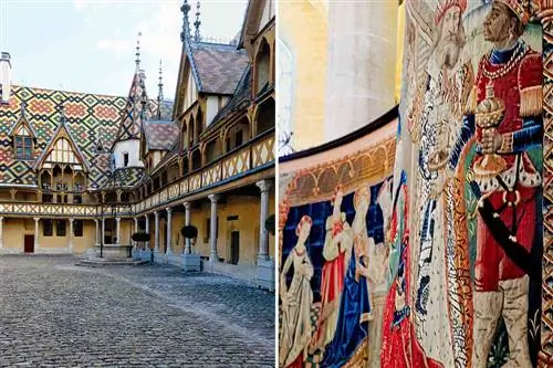 Внешний вид Hospices de Beaune во Франции в сочетании с деталью гобелена, находящейся внутри.