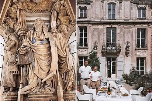 На двух фотографиях изображена деталь скульптуры Клауса Слютера и накрытый для обеда стол на территории замка во Франции.