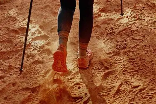 Красная грязь покрывает тропу и обувь туриста, когда она идет по тропе в национальном парке Гранд-Каньон.