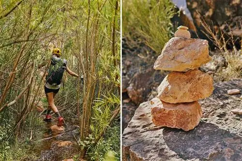 На фотографиях из национального парка Гранд-Каньон турист пересекает ручей и пирамиду из камней.
