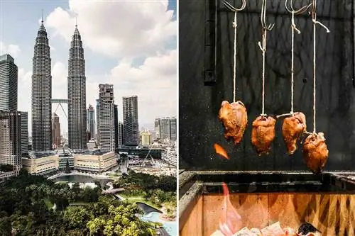 Вид на башни Петронас в Куала-Лумпуре и жарящихся голубей в ресторане Девакан.
