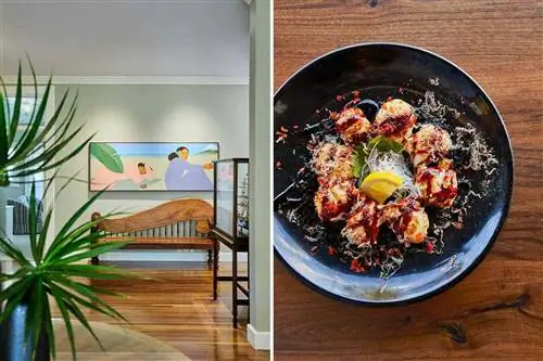 Фотографии с Мауи, показывающие интерьер Haiku House и запеченный калифорнийский ролл в ресторане Nuka.