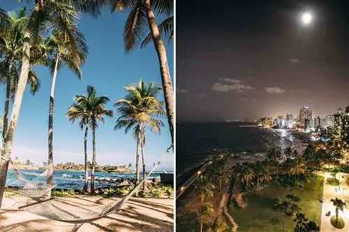 Две фотографии из Пуэрто-Рико. На одном изображен гамак на пляже отеля Hilton Caribe, а на другом - ночной вид на Сан-Хуан.