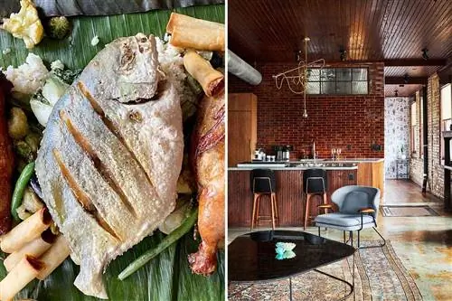 Сцены из Филадельфии, в том числе запеченная рыба и интерьер гостиничного номера с кирпичными стенами.