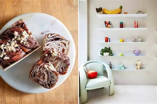 Сцены из Филадельфии, в том числе шоколадная бабка на тарелке и красочные предметы дизайна на полке в магазине.