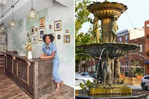 Сцены из Филадельфии, в том числе владелец магазина по уходу за волосами и знаменитый поющий фонтан города.