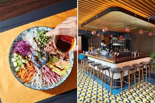 Сцены из Филадельфии, в том числе красочный рисовый салат с разнообразными топпингами и бармен, готовящий напиток в баре.