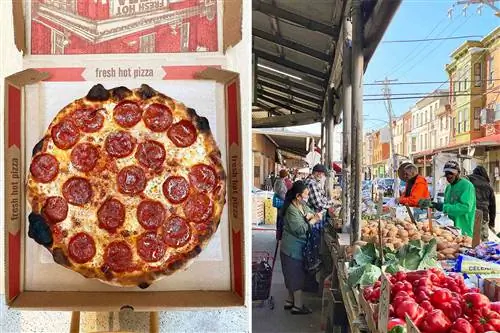 Сцены из Филадельфии, в том числе пицца пепперони в коробке и покупатели на открытом овощном рынке.