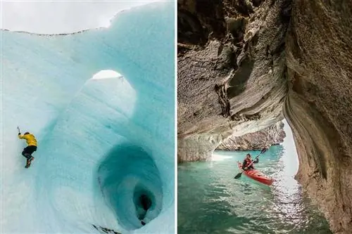 Альпинист взбирается на ледник и каякер в мраморной пещере в Чили.