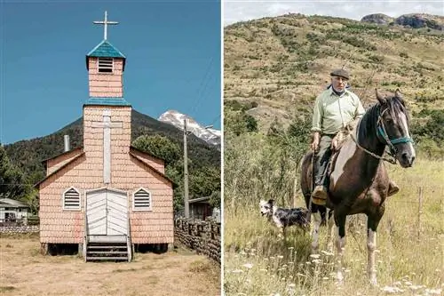 Сцены из Чили, в том числе деревянная церковь и всадник.