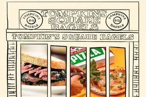 Di Farro Pizza, пастрами, в окнах Tompkin's Square Bagels