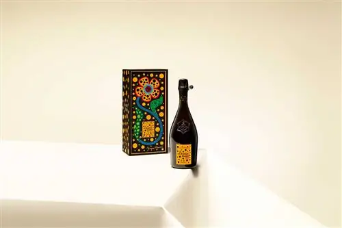 Бутылка Veuve Clicquot, созданная Яёи Кусамой, рядом со специальной коробкой.