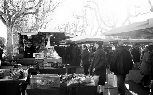 Черно-белое фото оживленного фермерского рынка во Франции.