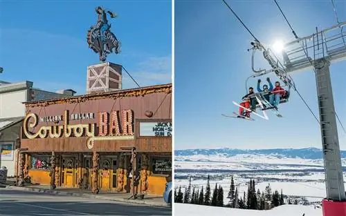 Вид на горнолыжный подъемник и знаменитый ковбойский бар на миллион долларов в Джексоне.