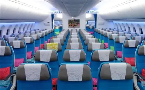 Салон эконом-класса на борту Air Tahiti Nui Dreamliner; Картины Поля Гогена используются на разделителях секций, как видно на обратной стороне фотографии.