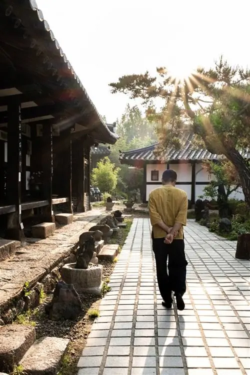 мужчина гуляет на свежем воздухе. солнечный свет, струящийся сквозь дерево