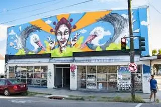 граффити. фреска. художественная прогулка. здание. кирпич. уличный свет