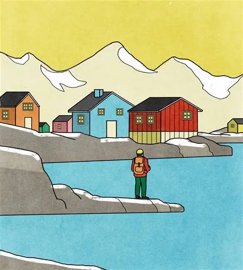 Сознательный путешественник Иллюстратор человек, смотрящий на воду с домами на заднем плане