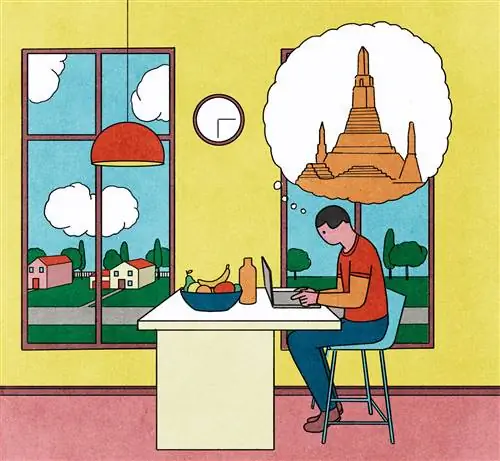 Сознательный путешественник Иллюстратор печатает мысли о путешествии