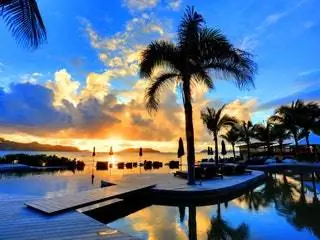 На изображении может находиться Summer Tropical Arecaceae Plant Palm Tree Tree Outdoors Nature Water Building Red Sky and Dusk