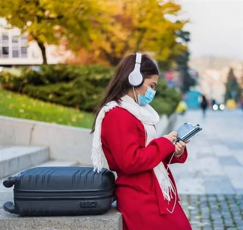 Женщина в маске с чемоданом, Нью-Йорк