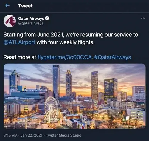 Объявление в Твиттере Qatar Airways