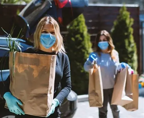 женщины в масках несут продукты