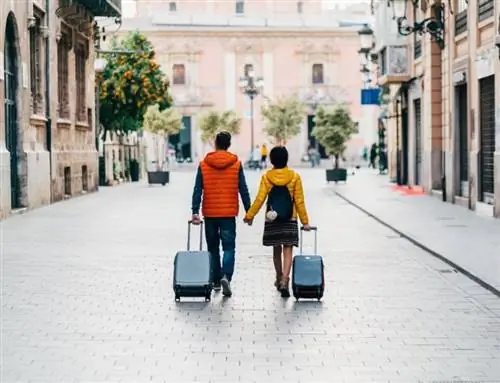 испания пара путешественники чемоданы улица
