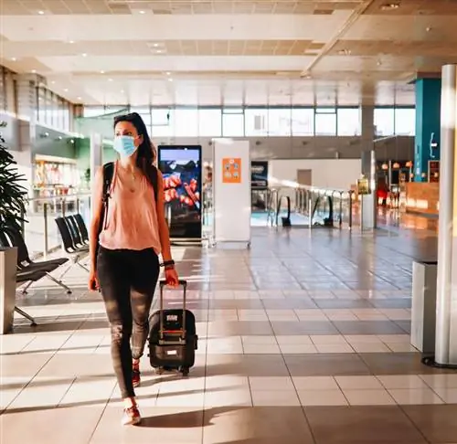 Путешественник в маске с чемоданом