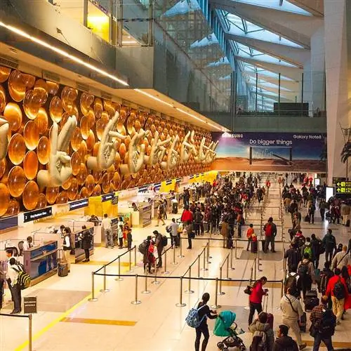 Декабрь 2017: Нью-Дели, Индия. Вид на зал прибытия в международном аэропорту имени Индиры Ганди в Нью-Дели, Индия.