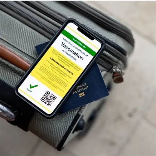 Путешественник изображен с паспортом вакцины и канадским паспортом