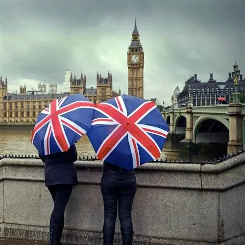 два человека держат зонтики Юнион Джек на Вестминстерском мосту в Лондоне