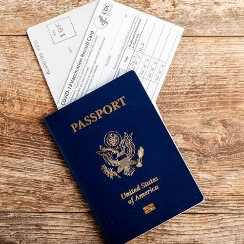 Паспорт США с картой вакцинации и посадочным талоном на деревянном фоне