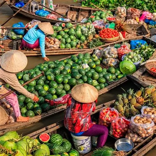 Вьетнамские женщины продают и покупают фрукты на плавучем рынке, дельта реки Меконг, Вьетнам