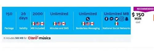 Пакет на 150 с Telcel Mexico