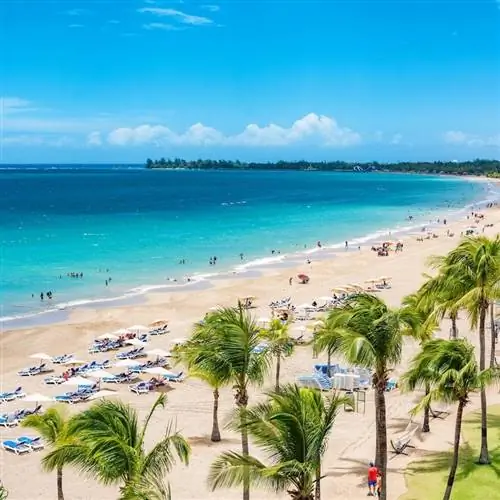 Пуэрто-Рико пляжные путешествия каникулы пейзажный фон. Курорт Исла-Верде в Сан-Хуане, известное место назначения туристических круизных лайнеров в Карибском море.