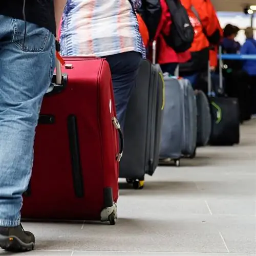 Авиапассажиры ждут своей очереди со своими сумками