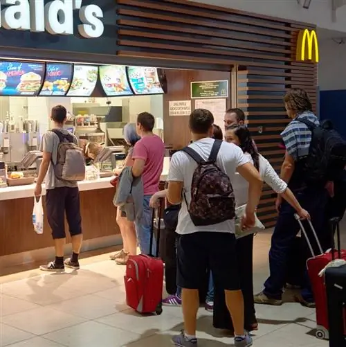 Люди в очереди в Макдональдс в аэропорту