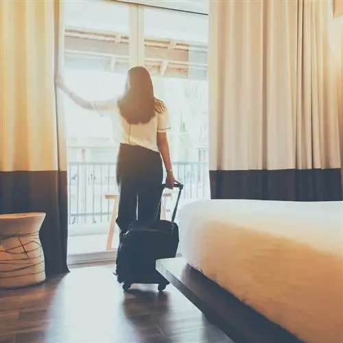 путешественник с чемоданом у окна в гостиничном номере
