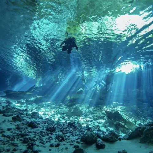 дайвер под водой в сеноте в Канкуне