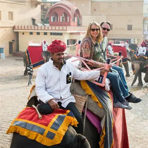 Пара туристов верхом на слоне в Индии, Южная Азия