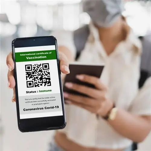 Путешественник, показывающий справку о состоянии здоровья, паспорт вакцинации в контексте международных поездок