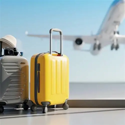 2 чемодана на колесиках в аэропорту, на заднем плане взлетает самолет