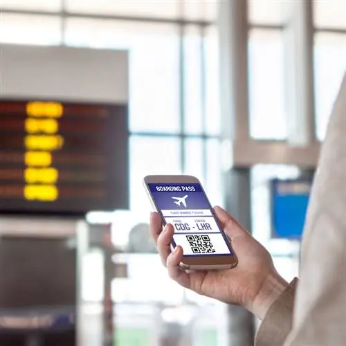 Посадочный талон в смартфоне. Женщина держит телефон в аэропорту с мобильным билетом на экране. Современные технологии путешествий и легкий доступ к самолету. Терминал и расписание на размытом фоне.