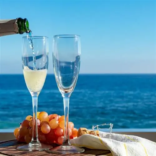 пара бокалов для шампанского с видом на круиз по глубокому синему морю
