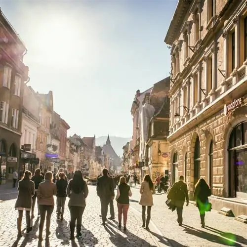 Оживленная пешеходная улица в Брашове, Трансильвания, Румыния