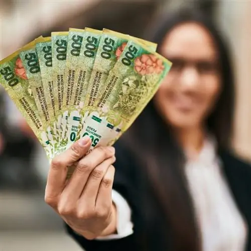 Молодая латиноамериканская деловая женщина с аргентинскими песо