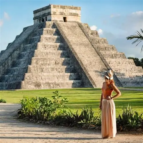 Женщина-туристка в Чичен-Ице, штат Юкатан, полуостров Юкатан, Мексика